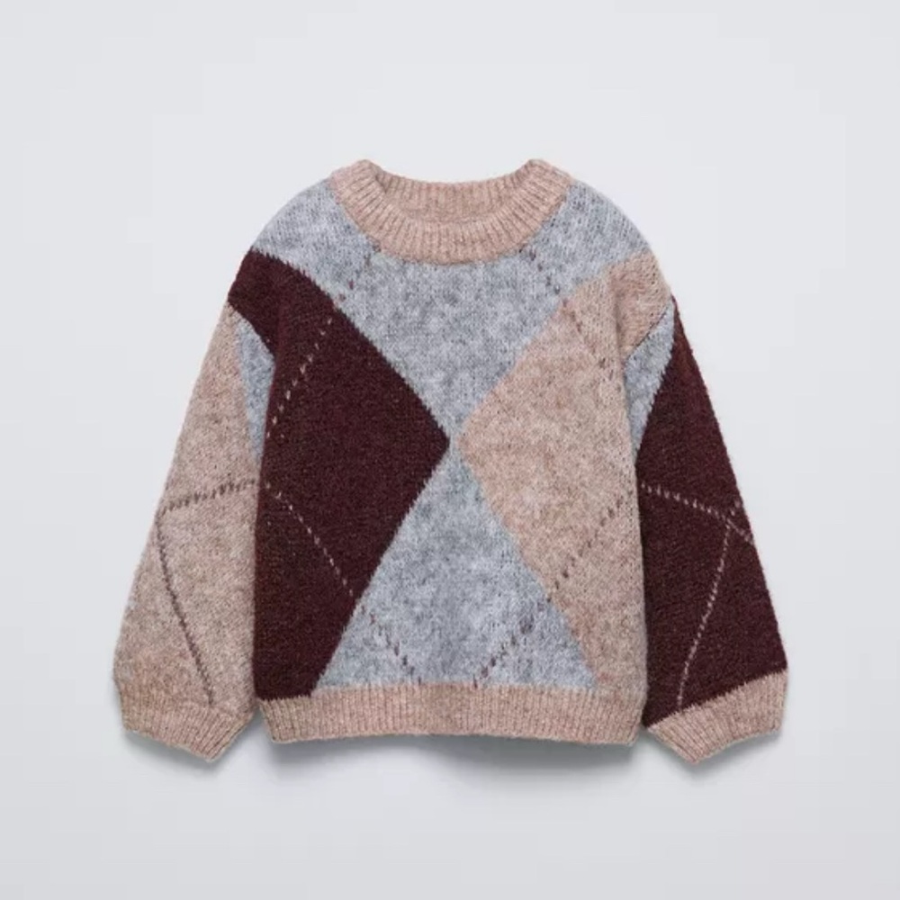 Zara Kids Argyle Sweater - Brown, Gray, and Cream